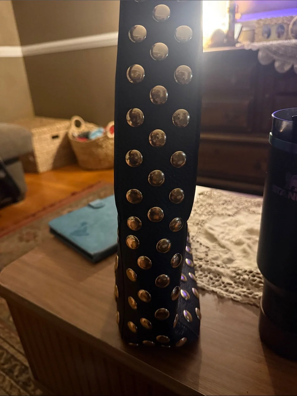 Black Studded Crossbody Bag with Gold Accents